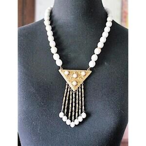 Vintage Egyptian Style Dangling Beads Statement Necklace, White & Gold